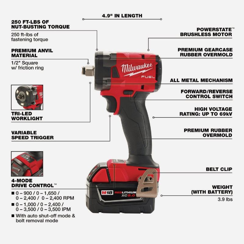 Milwaukee M18 FUEL 1/2 In. Compact Impact Wrench Kit with Friction Ring