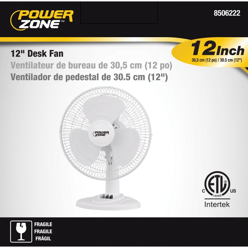 PowerZone FT-30 Oscillating Table Fan, 120 V, 12 in Dia Blade, 3-Blade, 3-Speed, 882 cfm Air, 72 in L Cord, White White