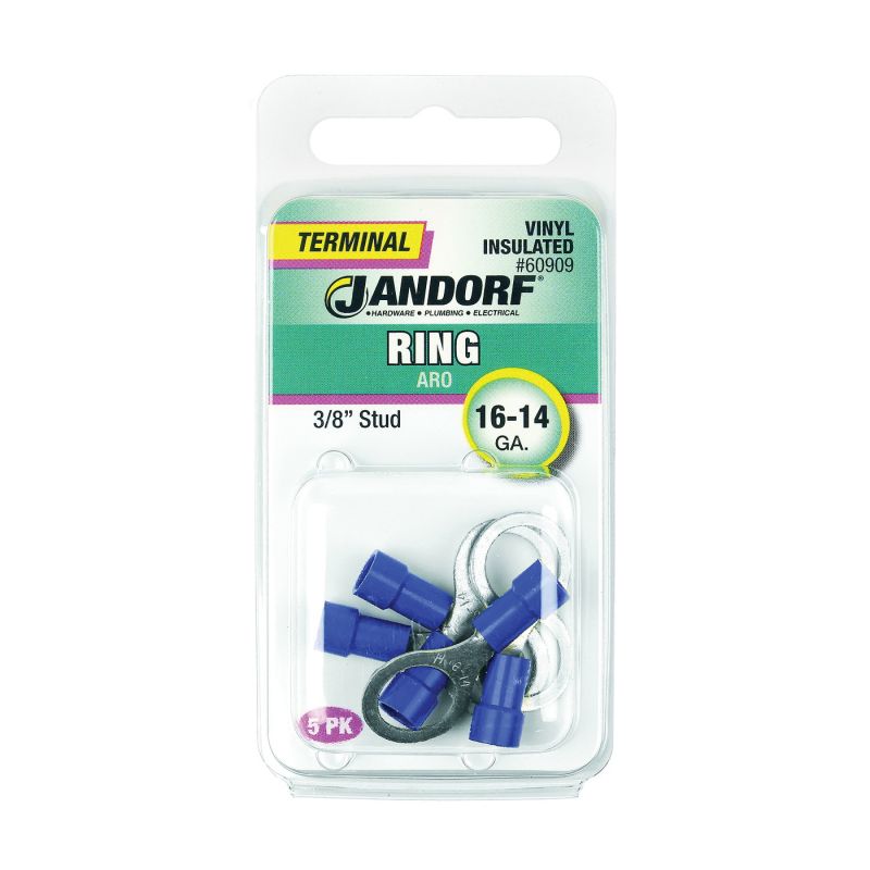 Jandorf 60909 Ring Terminal, 16 to 14 AWG Wire, 3/8 in Stud, Vinyl Insulation, Copper Contact, Blue Blue