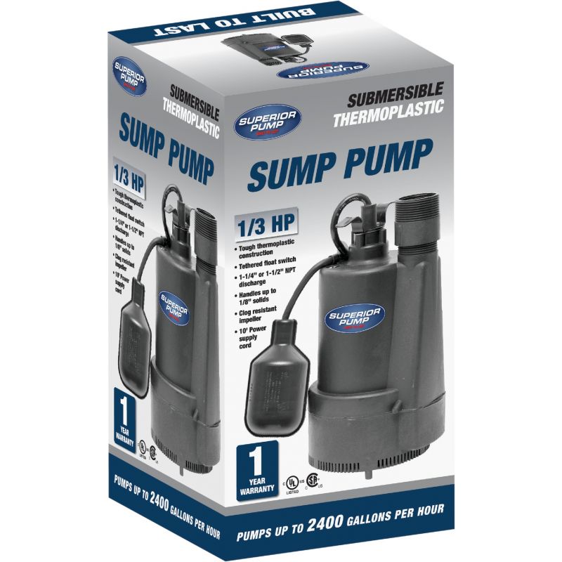 Superior Pump Plastic Submersible Sump Pump, Top Discharge 1/3 HP, 2400 GPH