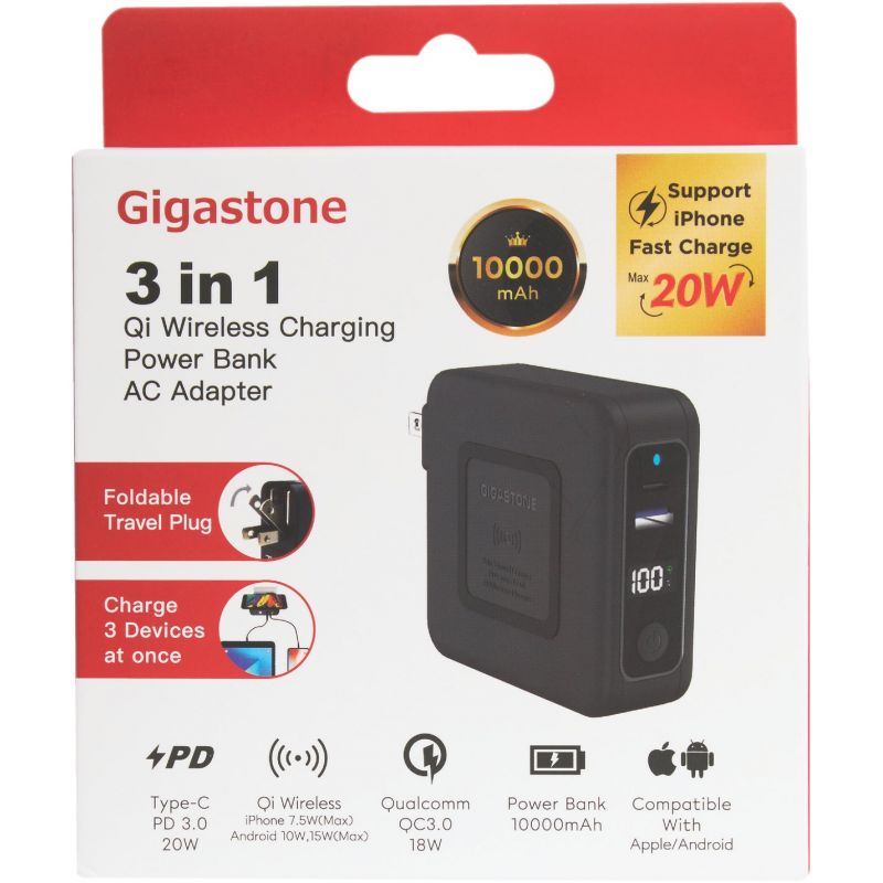 Gigastone 3-In-1 Qi Wireless Charging Power Bank with AC Adapter 10,000 MAh, Black