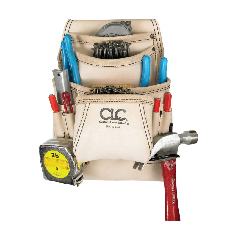 CLC Tool Works Series 179354 Carpenter&#039;s Nail/Tool Bag, 20 in W, 20-1/2 in H, 10-Pocket, Leather, White White