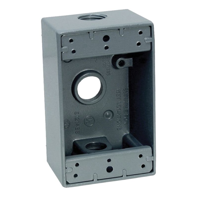 Teddico/Bwf 1503-1 Outlet Box, 1-Gang, 3-Knockout, 3-1/2 in, Metal, Gray, Powder-Coated Gray