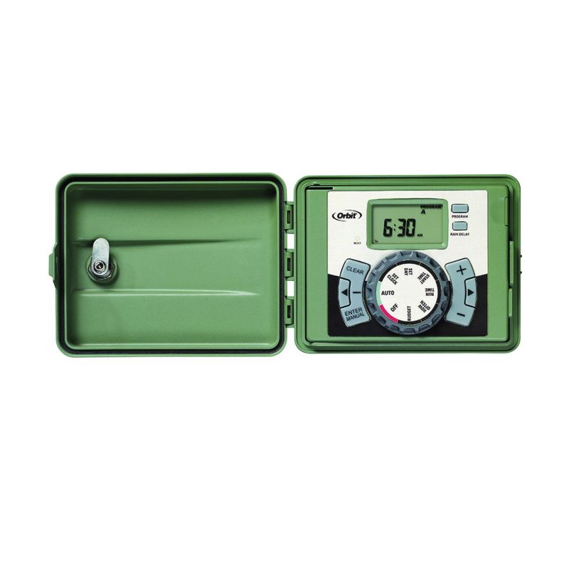 Orbit 57896 Indoor/Outdoor Timer, 6 -Zone, 2 -Program, LCD Display, Plug-and-Go Mounting, Green Green