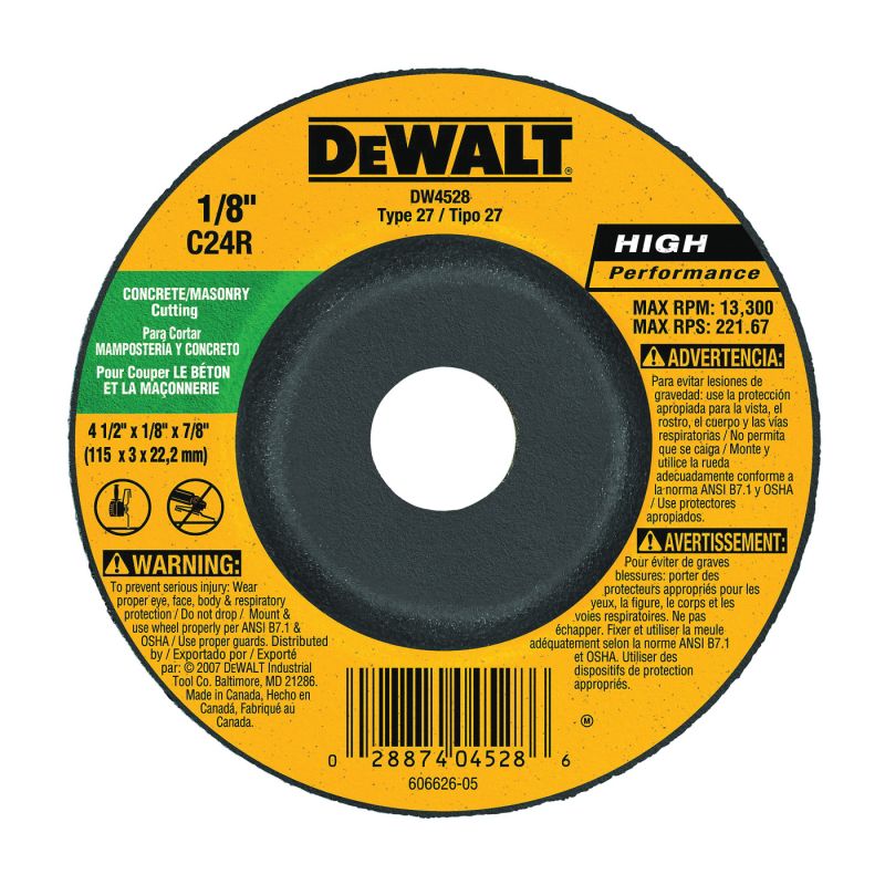 DeWALT DW4528 Grinding Wheel, 4-1/2 in Dia, 1/8 in Thick, 7/8 in Arbor, 24 Grit, Coarse, Silicone Carbide Abrasive Black/Yellow