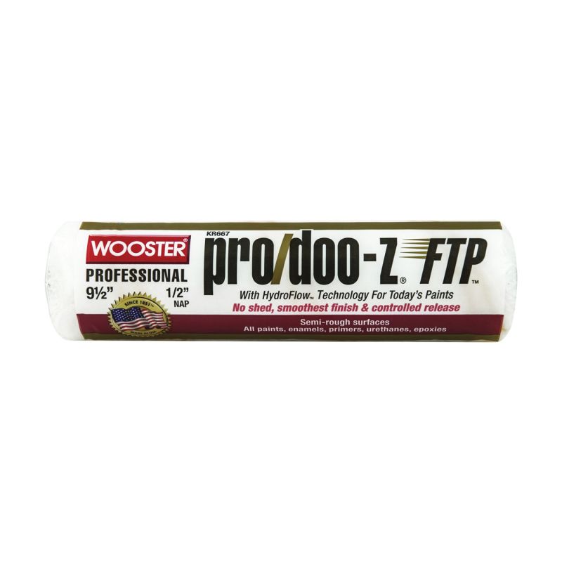 WOOSTER KR667-9 1/2 Paint Roller Cover, 1/2 in Thick Nap, 9-1/2 in L, Fabric Cover, White White