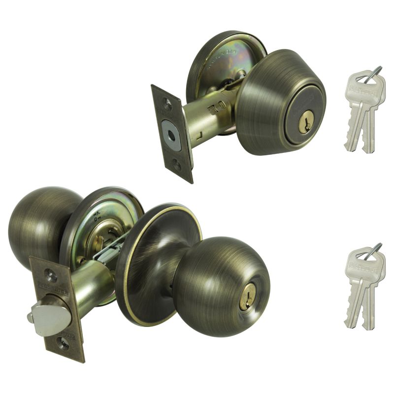 ProSource B38B1-PS Deadbolt and Entry Lockset, Turnbutton Lock, Saturn Design, Antique Brass, 3 Grade, Brass