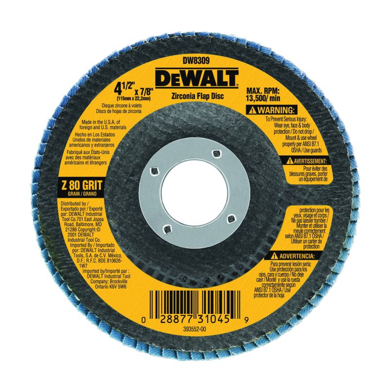 DeWALT DW8309 Flap Disc, 4-1/2 in Dia, 7/8 in Arbor, Coated, 80 Grit, Medium, Zirconia Abrasive