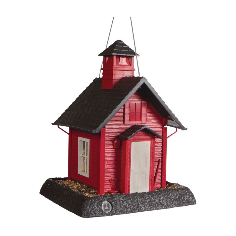 North States 9084 Hopper Bird Feeder, School House, 5 lb, Plastic, Gray/Red, 13-1/4 in H, Hanging/Pole Mounting Gray/Red