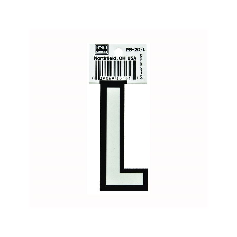 Hy-Ko PS-20/L Reflective Letter, Character: L, 3-1/4 in H Character, Black/White Character, Vinyl