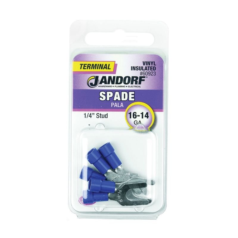 Jandorf 60923 Spade Terminal, 600 V, 16 to 14 AWG Wire, 1/4 in Stud, Vinyl Insulation, Copper Contact, Blue Blue