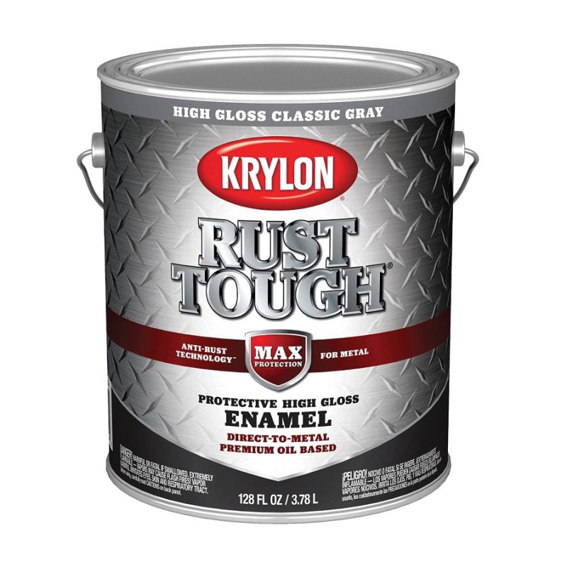 Krylon Rust Tough K09738008 Rust Preventative Paint, Gloss, Classic Gray, 1 gal, 400 sq-ft/gal Coverage Area Classic Gray
