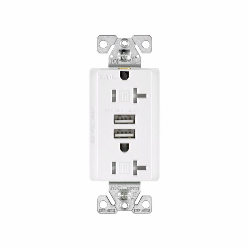 Eaton TR7756W-BOX Duplex Receptacle with USB, 2-Pole, 3, 20 A, 125 VAC, 5 VDC, NEMA: 5-20R, White White
