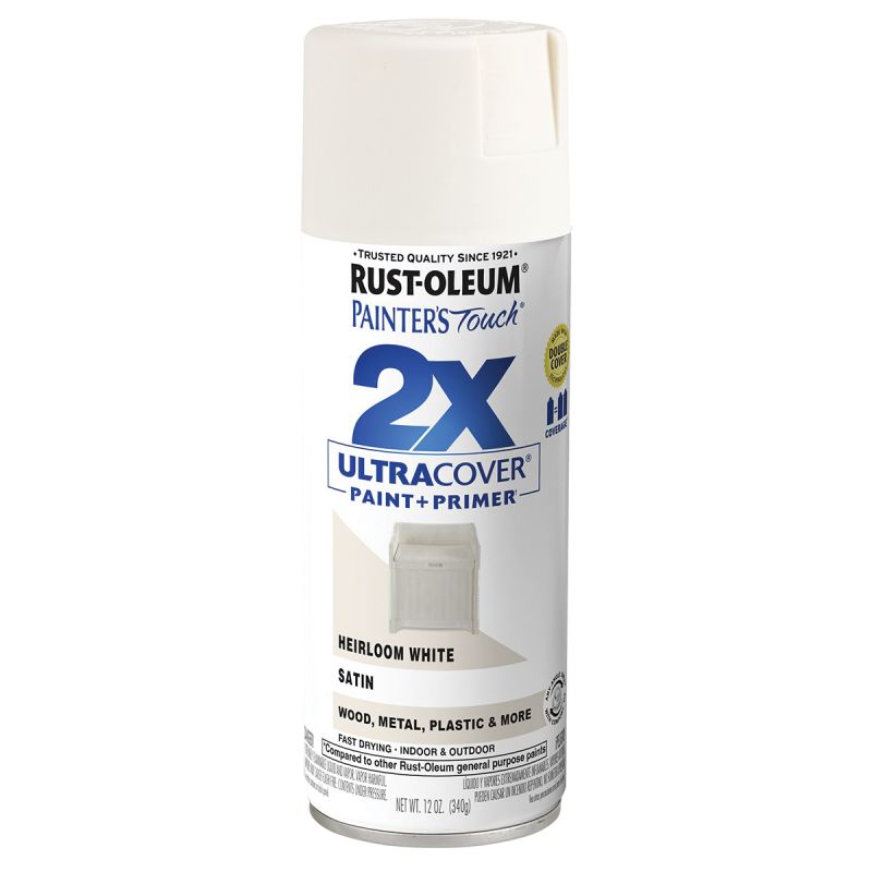 Rust-Oleum Painter&#039;s Touch 2X Ultra Cover 334071 Spray Paint, Satin, Heirloom White, 12 oz, Aerosol Can Heirloom White