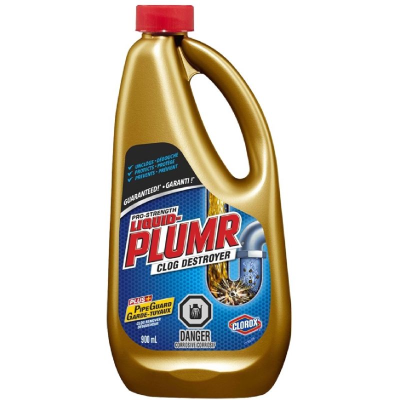 Liquid-Plumr 01811PK01 Clog Remover, Liquid, Pale Yellow, Bleach, 900 mL Bottle Pale Yellow