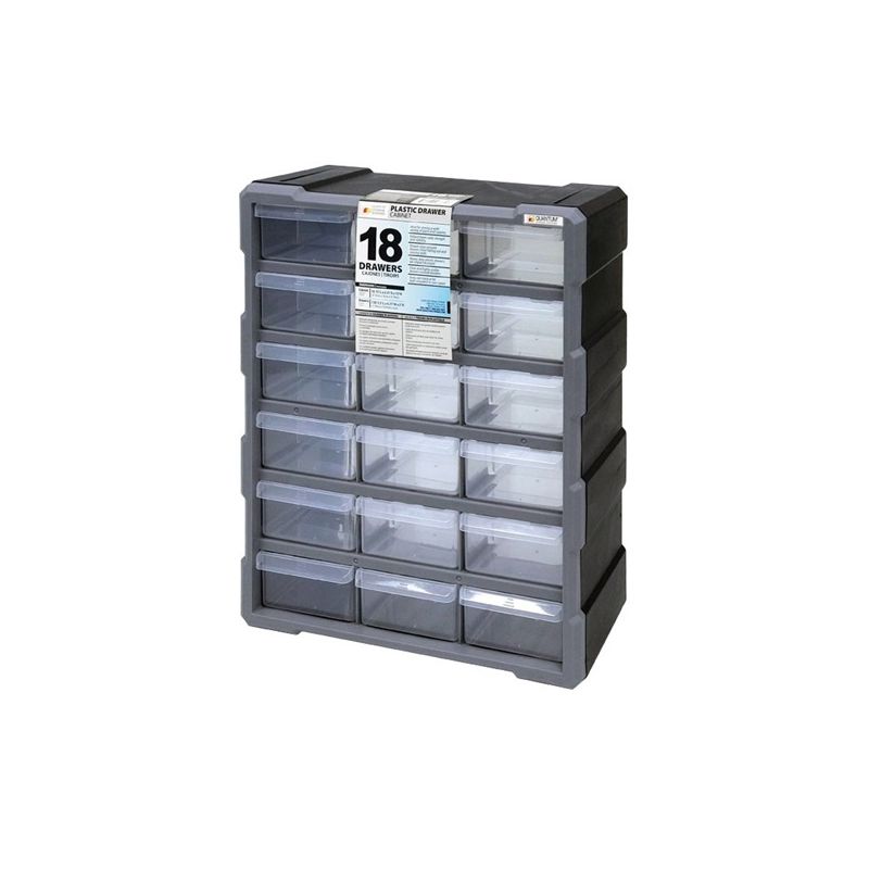 Quantum Storage Systems PDC-18BK Small Parts Organizer, 15 in L, 6-1/4 in W, 18-3/4 in H, 18-Drawer, Polypropylene Black