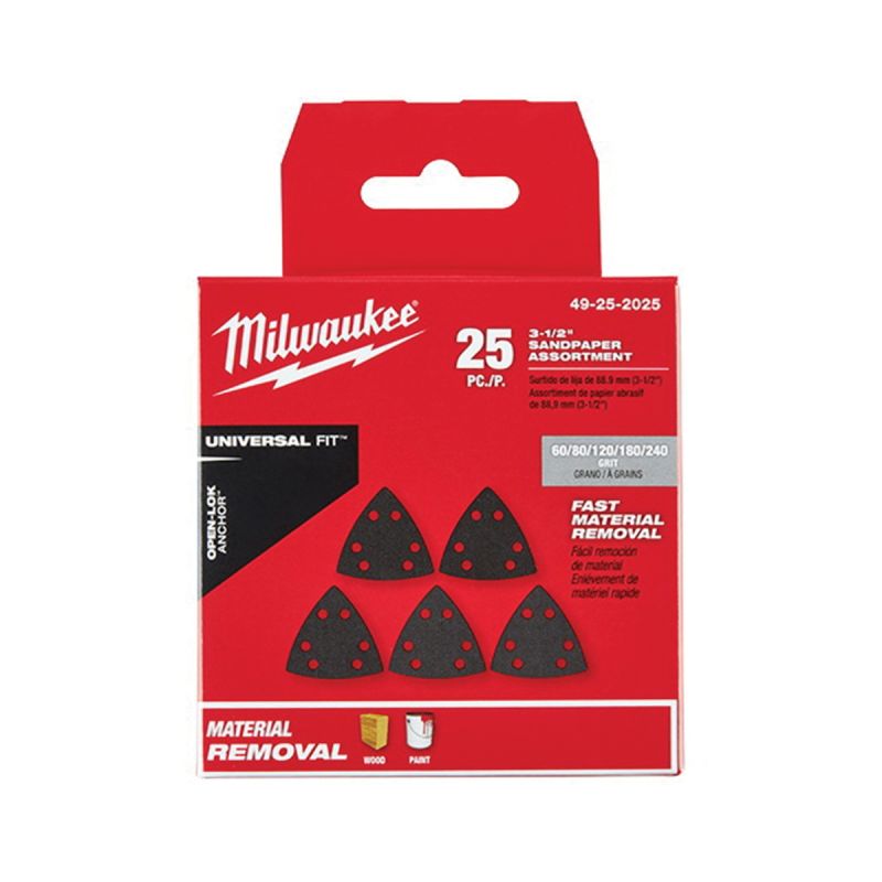 Milwaukee 49-25-2025 Triangle Sandpaper Variety Pack, 60, 80, 120, 180, 240 Grit, Silicon Carbide Abrasive, 3-1/2 in L Black