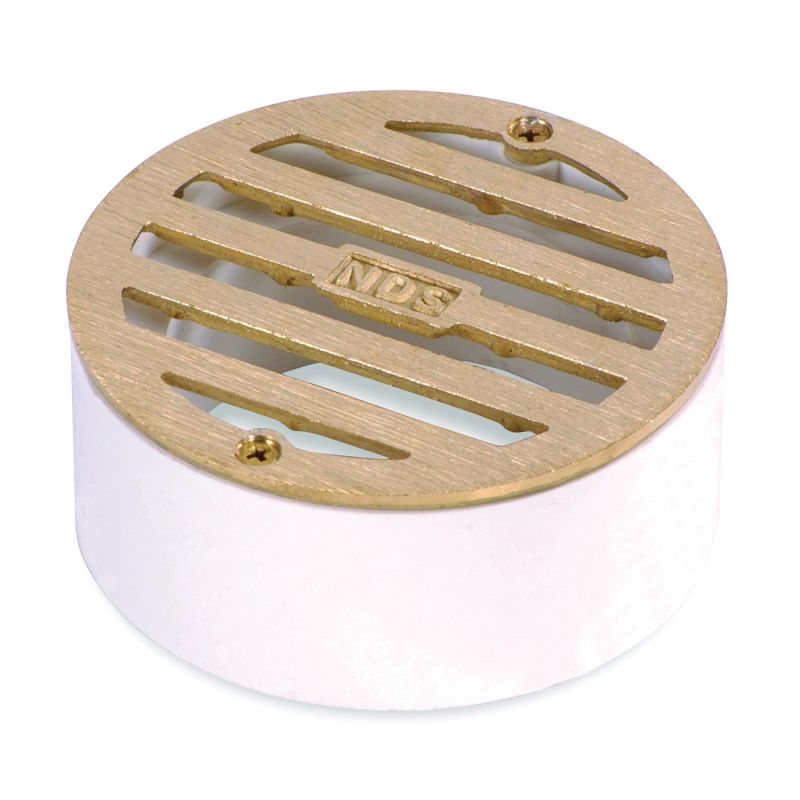 NDS 909B Drain Grate with Collar, 3-1/4 in L, 3-1/4 in W, Round, 3/16 in Grate Opening, Brass, Satin Brass Satin Brass
