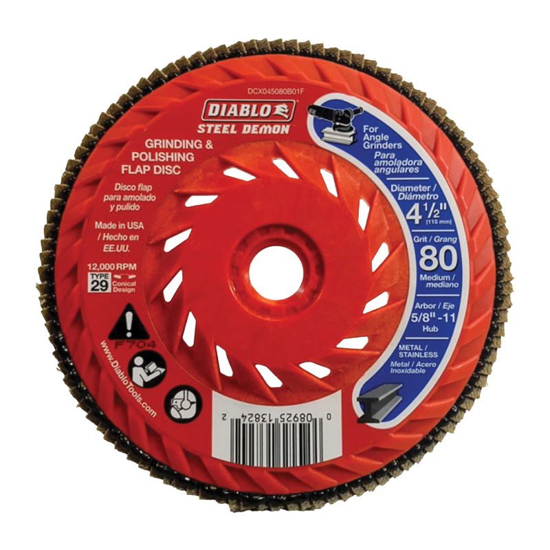 Diablo DCX045080B01F Flap Disc, 4-1/2 in Dia, 5/8-11 Arbor, 80 Grit, Medium, Zirconium Abrasive