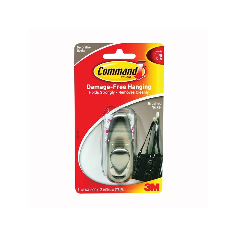Command Forever Classic Series FC12-BN Decorative Hook, 3 lb, 1-Hook, Metal, Brushed Nickel