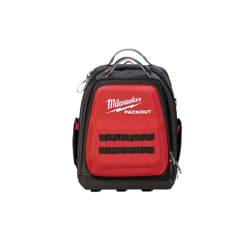 Milwaukee PACKOUT 48-22-8301 Tool Backpack, 11.81 in W, 15-3/4 in D, 15-3/4 in H, 48-Pocket, Polyester, Black/Red Black/Red