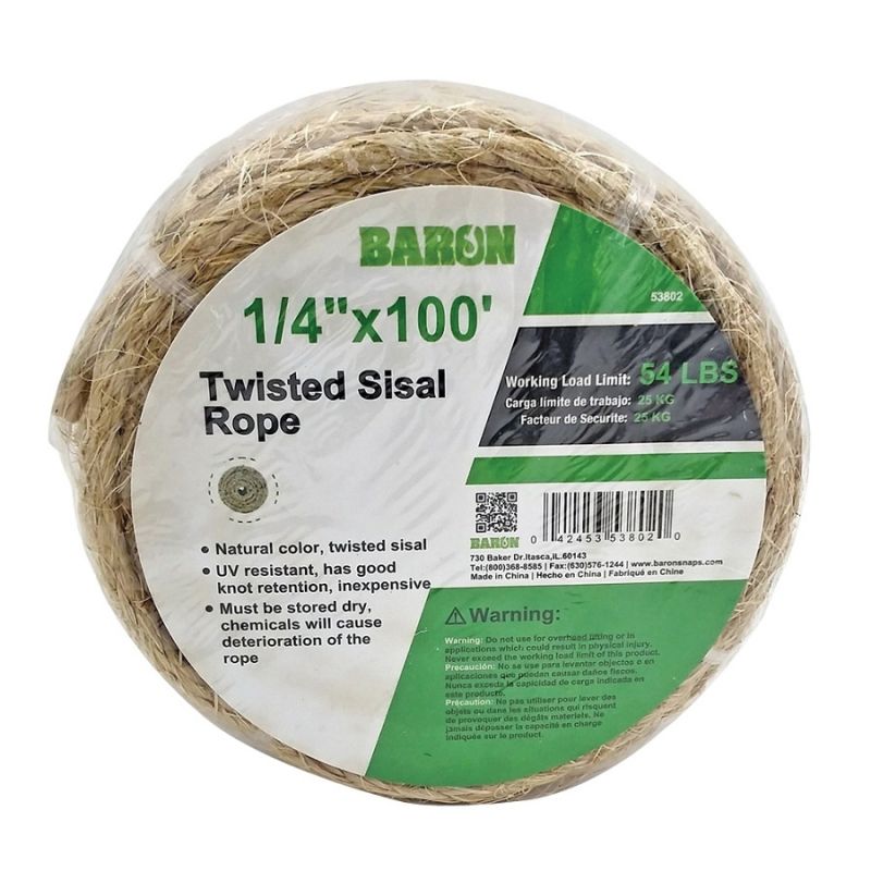 BARON 53802 Utility Rope, 1/4 in Dia, 100 ft L, 54 lb Working Load, Sisal