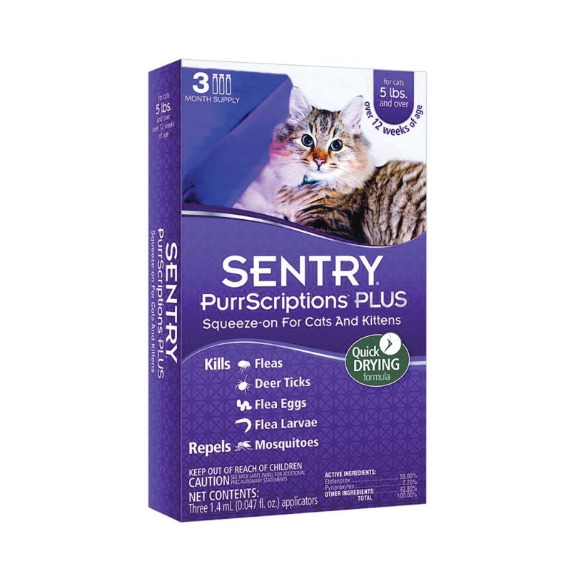 Sentry PurrScriptions Plus 02111 Flea and Tick Squeeze-On, Liquid, Mild Acetate, 6 Count Clear