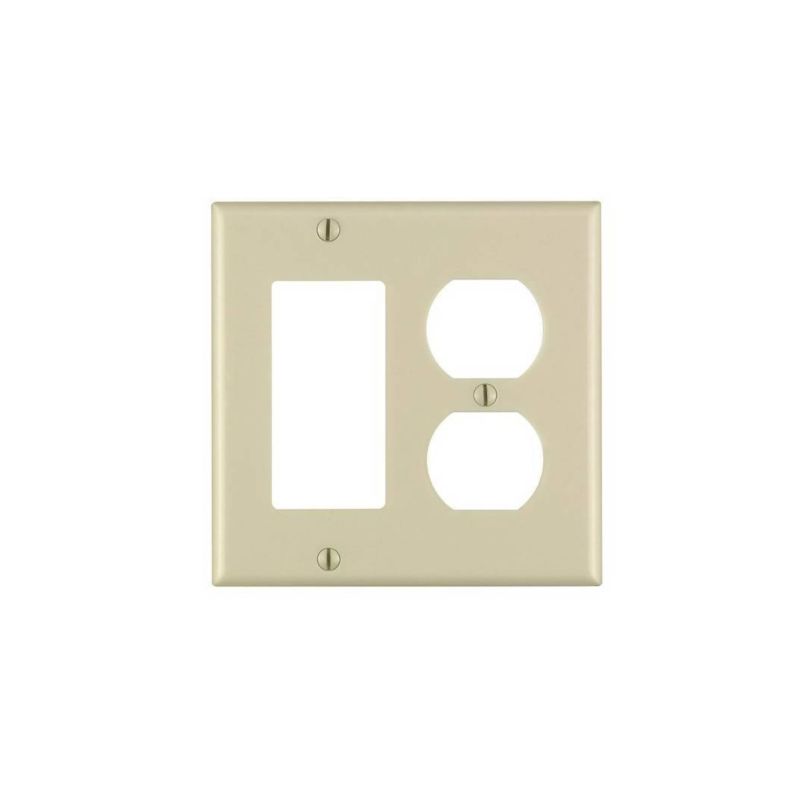 Leviton 80455-I Combination Wallplate, 4-1/2 in L, 4-9/16 in W, 2 -Gang, Thermoset Plastic, Ivory, Smooth Ivory