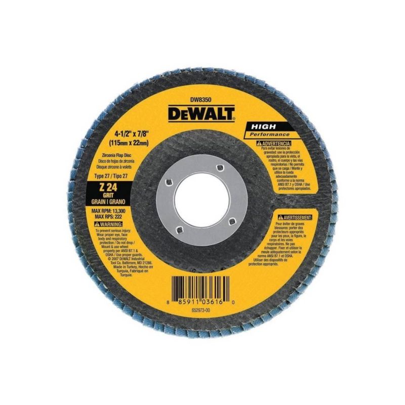 DeWALT DW8351 Flap Disc, 4-1/2 in Dia, 7/8 in Arbor, Coated, 40 Grit, Coarse, Zirconia Abrasive