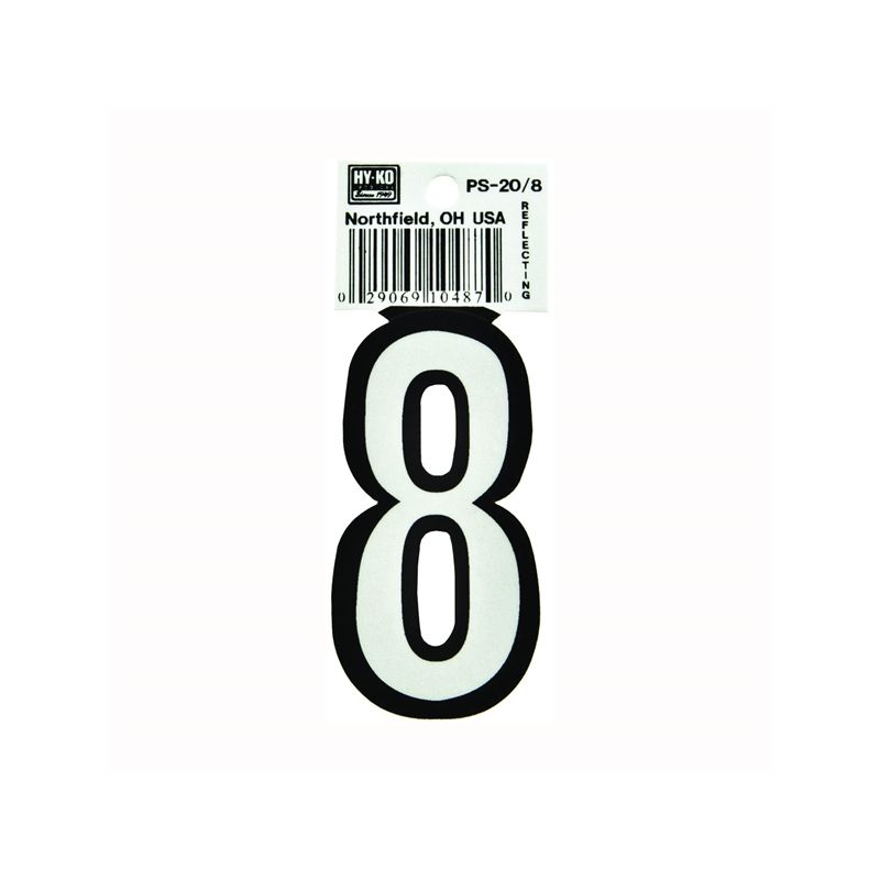 Hy-Ko PS-20/8 Reflective Sign, Character: 8, 3-1/4 in H Character, Black/White Character, Vinyl (Pack of 10)
