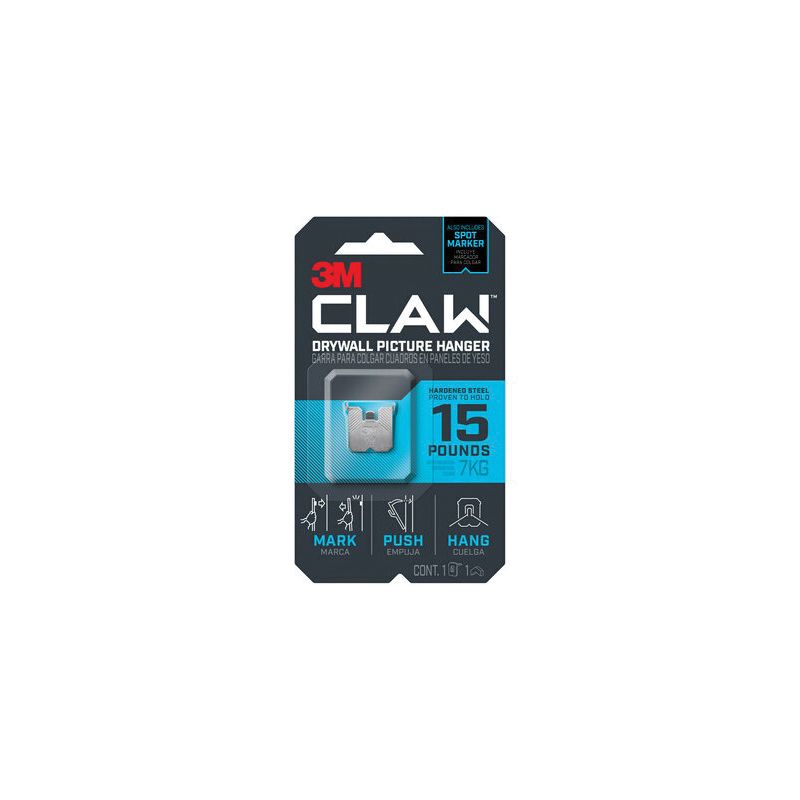 3M CLAW 3PH15M-1ES Drywall Picture Hanger, 15 lb, Steel, Push-In Mounting, 1/PK