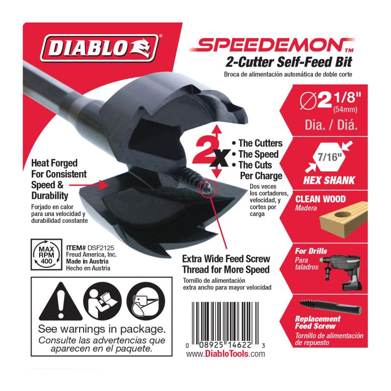 Diablo DSF2125 Drill Bit, 2-1/8 in Dia, 5-1/8 in OAL, 7/16 in Dia Shank, Hex Shank