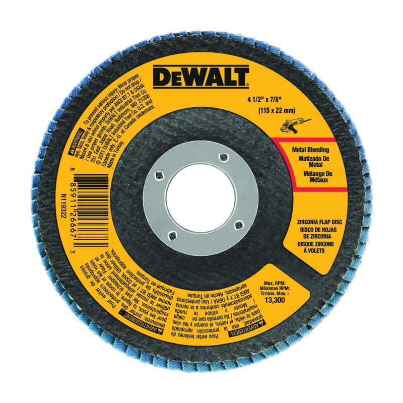 DeWALT DWA8207 Flap Disc, 4-1/2 in Dia, 7/8 in Arbor, Coated, 60 Grit, Medium, Zirconia Abrasive Dark Gray/Yellow