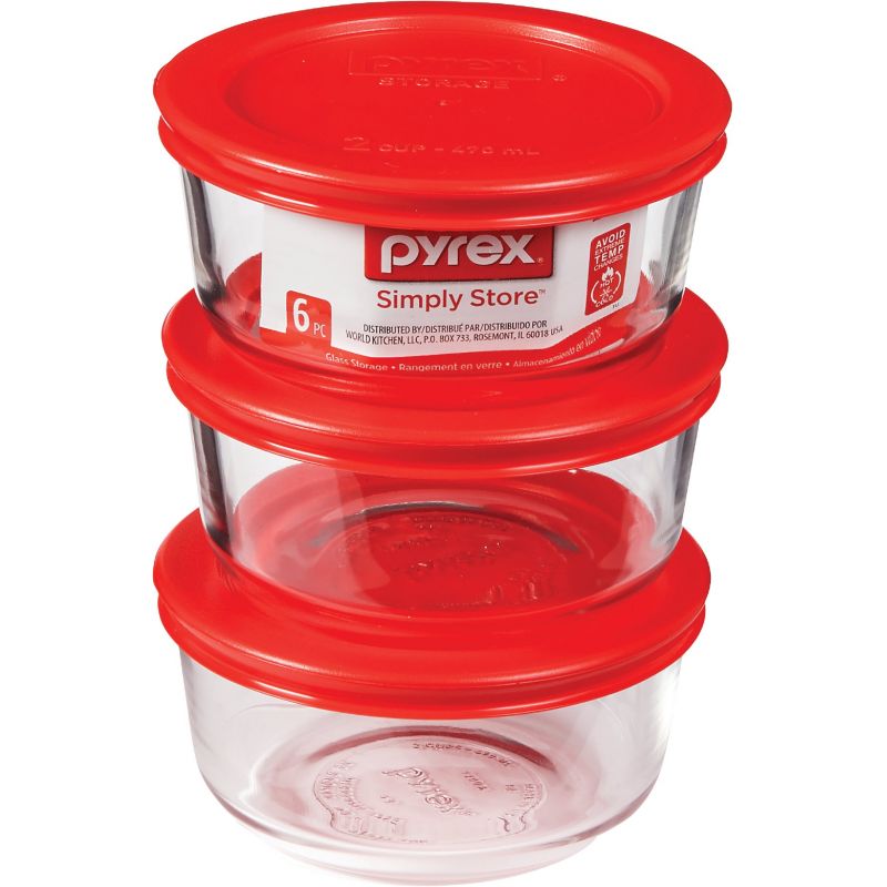 Pyrex Simply Store 6-Piece Round Glass Storage Set with Red Lids