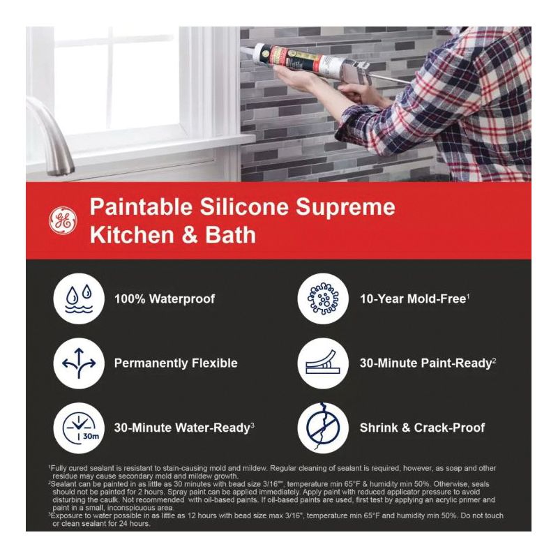 GE Supreme Silicone 2733743 Kitchen &amp; Bath Sealant, White, 24 hr Curing, 10.1 fl-oz Cartridge White