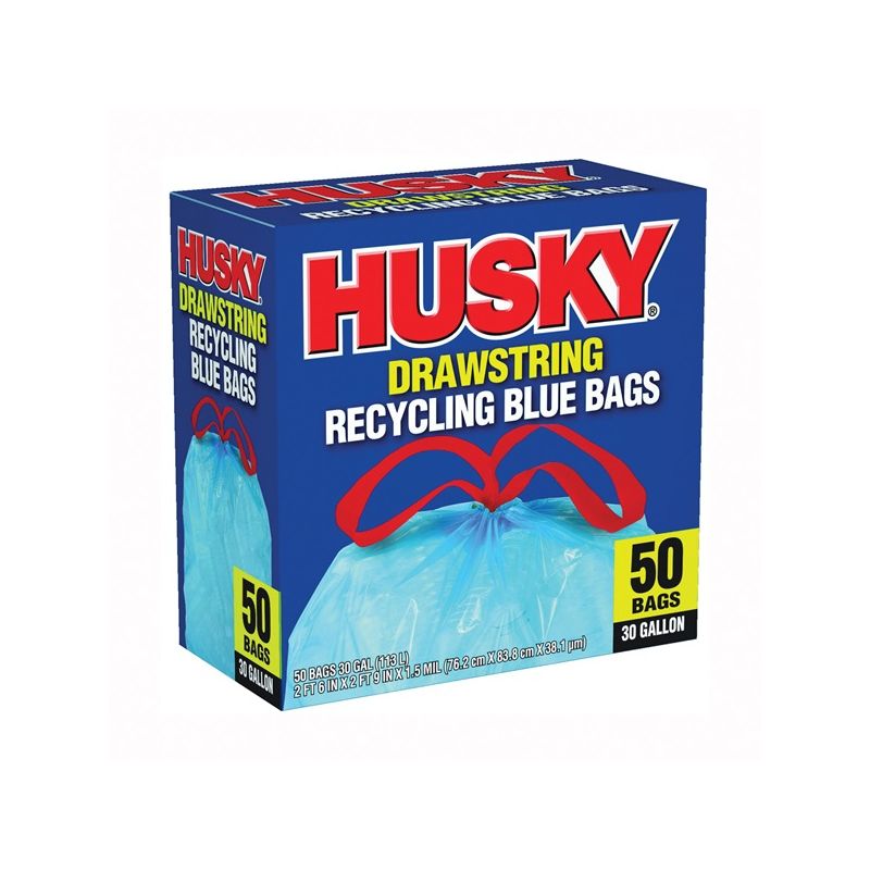 Husky HK30DS050BU Trash Bag with Drawstring, 30 gal Capacity, Blue 30 Gal, Blue