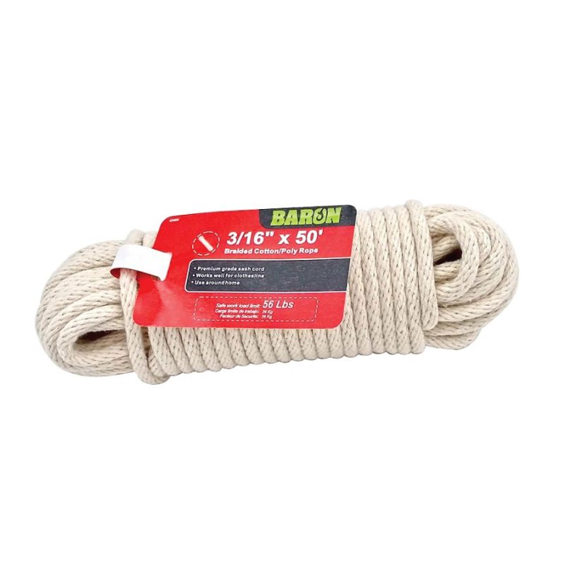 BARON 42605 Sash Cord, 3/16 in Dia, 50 ft L, 56 lb Working Load, Cotton/Poly, White White