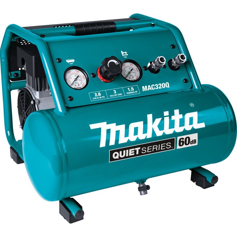Makita QUIET Series MAC320Q Portable Electric Air Compressor, Tool Only, 3 gal Tank, 1-1/2 hp, 120 V, 135 psi Pressure Teal, 3 Gal
