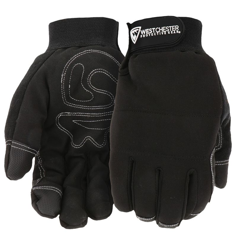 West Chester 96580/XL Work Gloves, XL, Hook and Loop Cuff, Polyester, Black XL, Black
