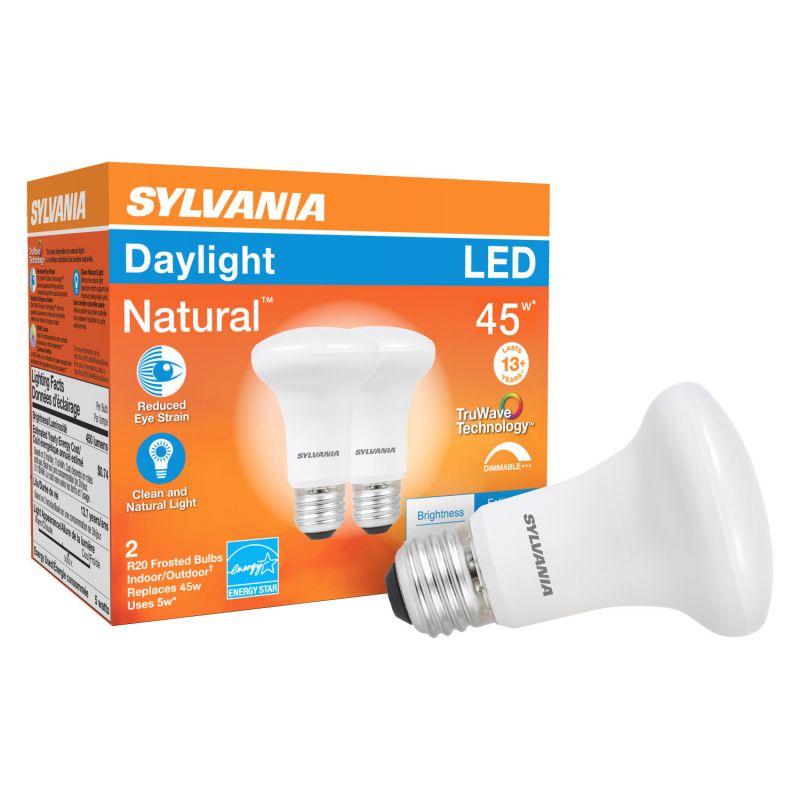 Sylvania 40790 Natural LED Bulb, Spotlight, R20 Lamp, 45 W Equivalent, E26 Lamp Base, Dimmable, Frosted, Daylight Light