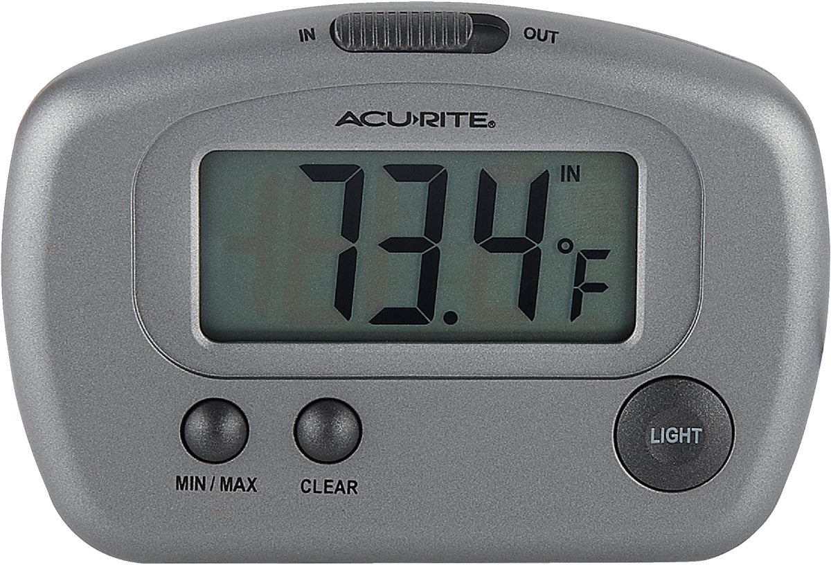 AcuRite Battery-Powered Indoor/Outdoor Digital Thermometer with Clock,  White, 3.5 H x 2.3 W x 1.2 D