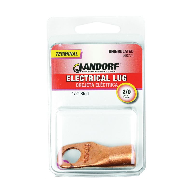 Jandorf 60774 Electrical Lug, 2/0 AWG Wire, 1/2 in Stud, Copper Contact, Brown Brown
