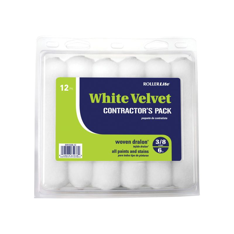 RollerLite White Velvet 6WV038-12 Mini Roller Cover, 3/8 in Thick Nap, 6 in L, Dralon Cover, White White