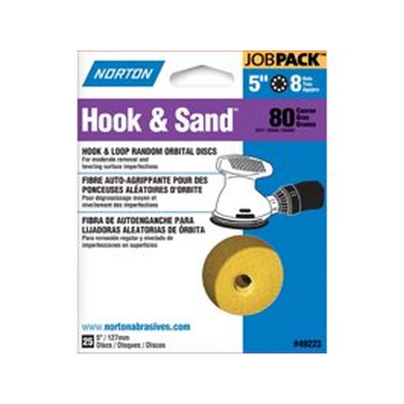 Norton 49223 Sanding Disc, 5 in Dia, Coated, P80 Grit, Coarse, Aluminum Oxide Abrasive, Paper Backing
