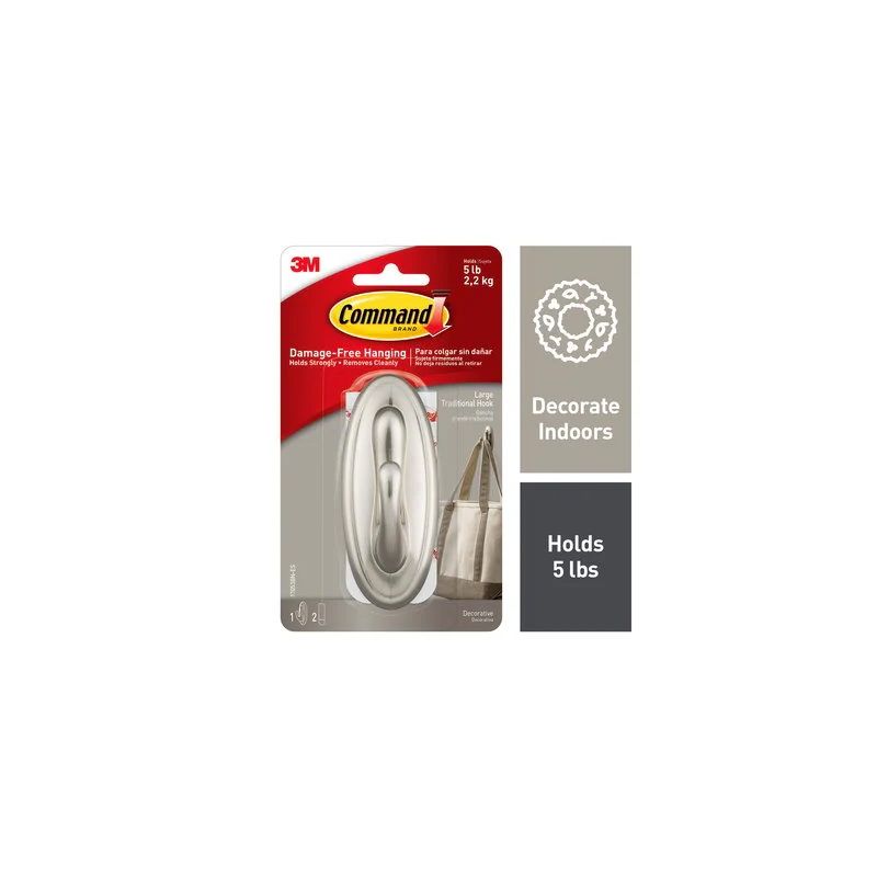 Command 17053BN-2ES Traditional Hook, 0.77 in Opening, 5 lb, Plastic, Brushed Nickel