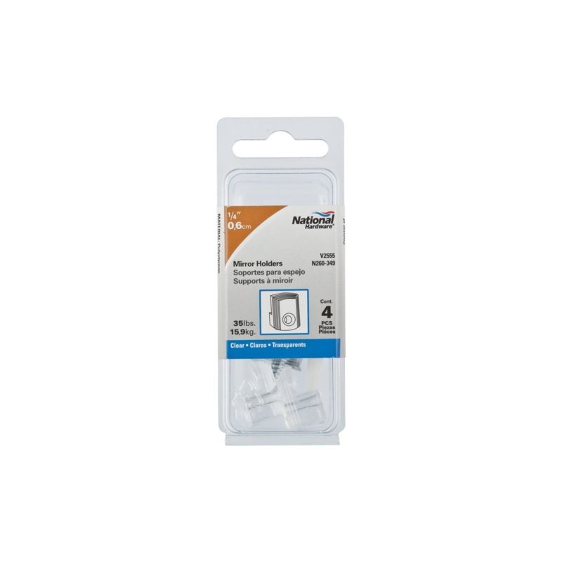 National Hardware V2555 Series N260-349 Mirror Holder, 35 lb, Plastic, Clear, Wall Mounting, 4/PK Clear