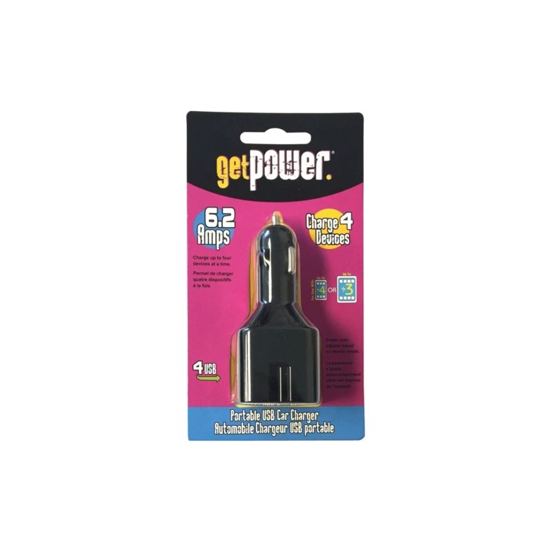 GetPower GP-DC4USB-BLK USB to DC Car Adapter, 12 V Output, 6.2 A Charge, Black Black