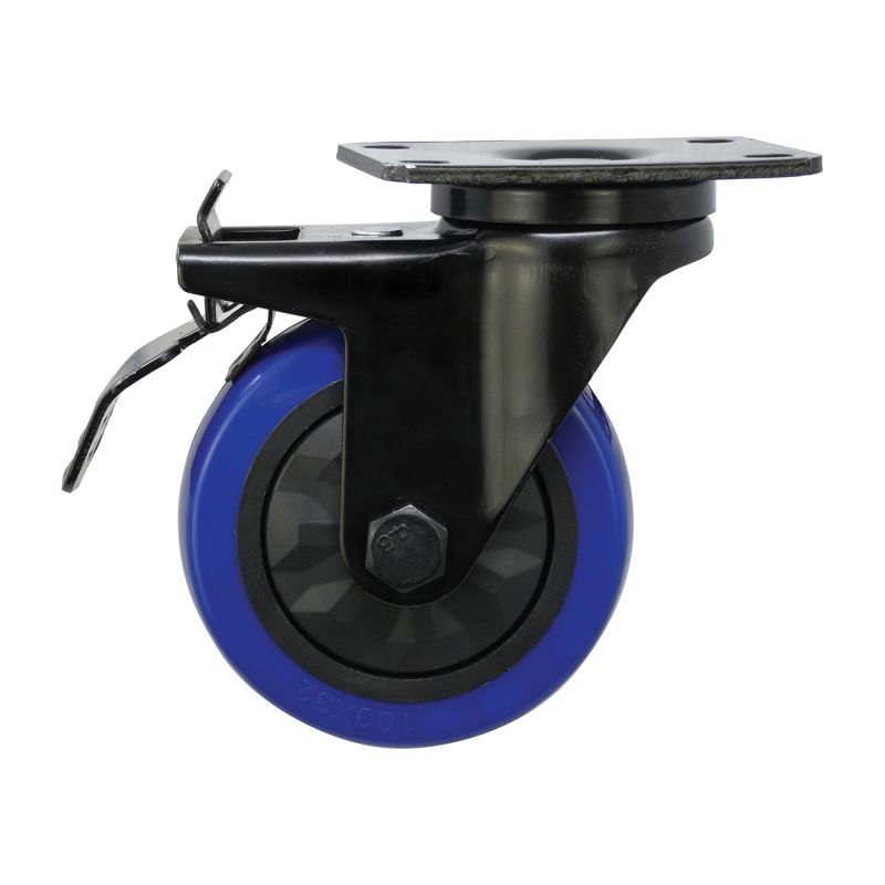 Shepherd Hardware 3664 Swivel Caster with Brake, 4 in Dia Wheel, TPU Wheel, Black/Blue, 300 lb Black/Blue