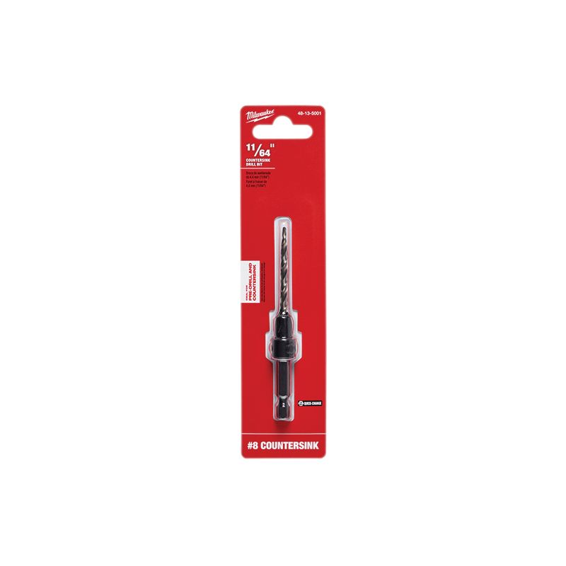 Milwaukee 48-13-5001 Countersink with Drill Bit, 11/64 in Dia Cutter, 1/4 in Dia Shank, 4.09 in OAL, Hex Shank, HSS