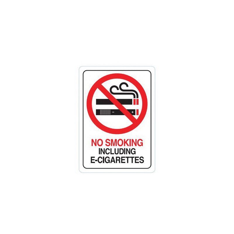Hy-Ko D-28 Deco Sign, NO SMOKING INCLUDING E-CIGARETTES, White Background, Plastic, 7 in H x 5 in W Dimensions